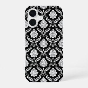 Rococo Damask Pattern White on Black iPhone 16 Case