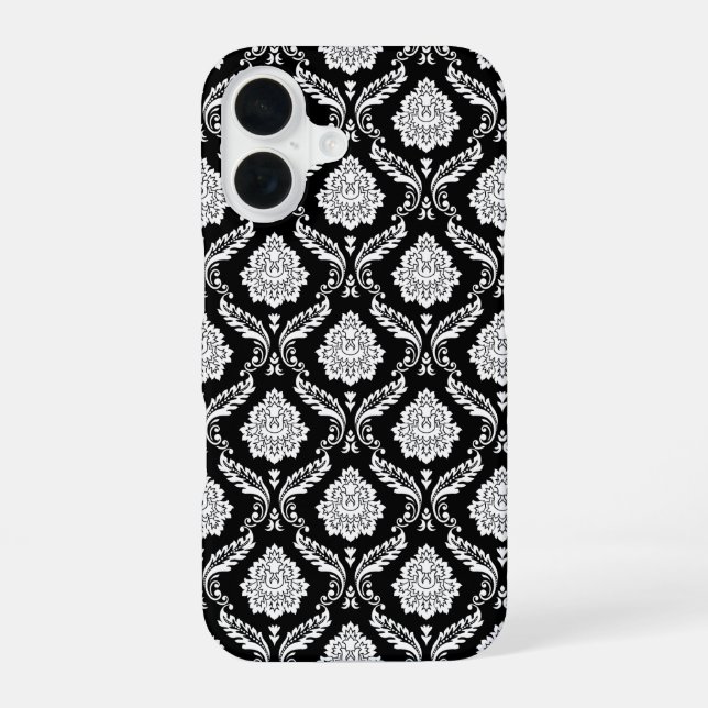 Rococo Damask Pattern White on Black  iPhone 16 Case (Back)