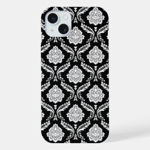 Rococo Damask Pattern White on Black iPhone 15 Plus Case