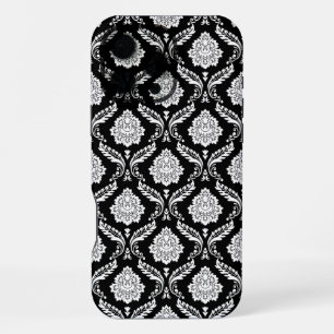 Rococo Damask Pattern White on Black iPhone 16 Pro Max Case