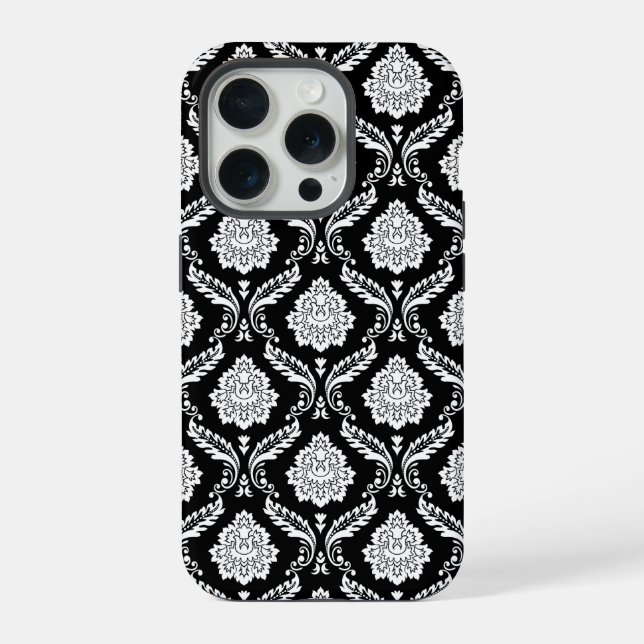 Rococo Damask Pattern White on Black  iPhone Case (Back)
