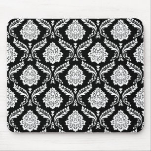 Rococo Damask Pattern White on Black Mouse Pad
