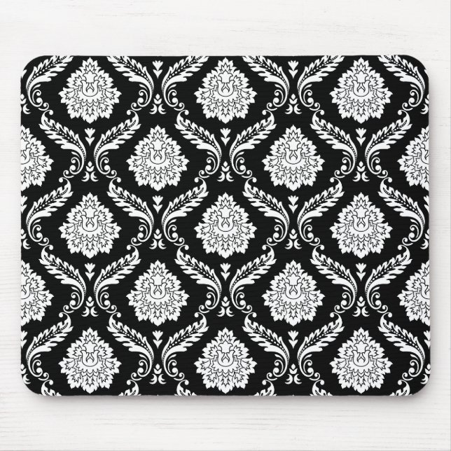 Rococo Damask Pattern White on Black Mouse Pad (Front)