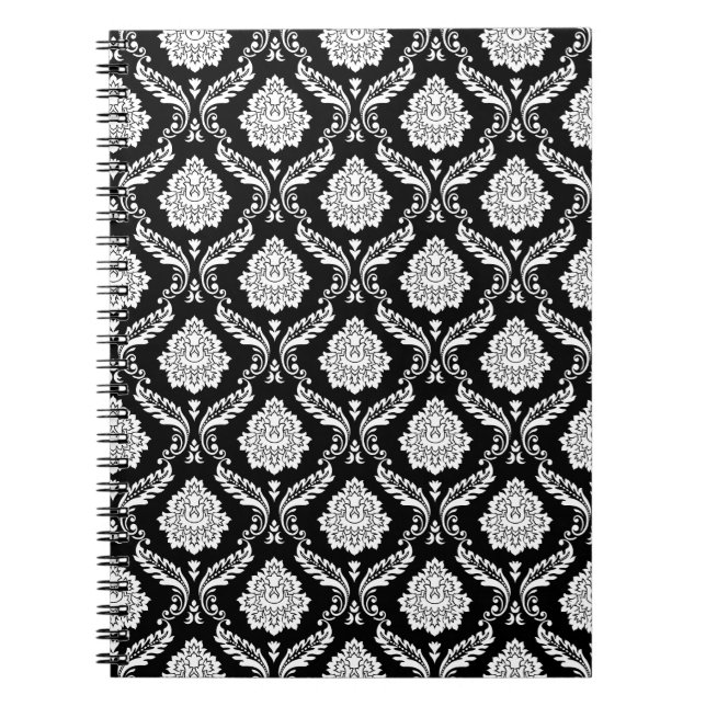 Rococo Damask Pattern White on Black  Notebook (Front)