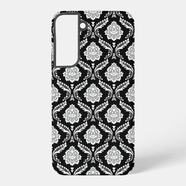 Rococo Damask Pattern White on Black  Samsung Galaxy S22+ Case (Back)