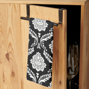 Rococo Damask Pattern White on Black Tea Towel