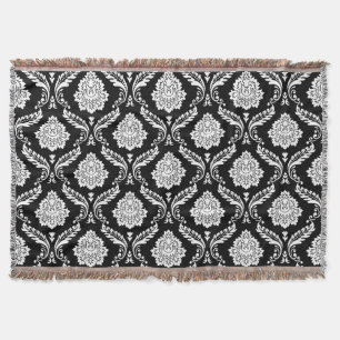 Rococo Damask Pattern White on Black Throw Blanket