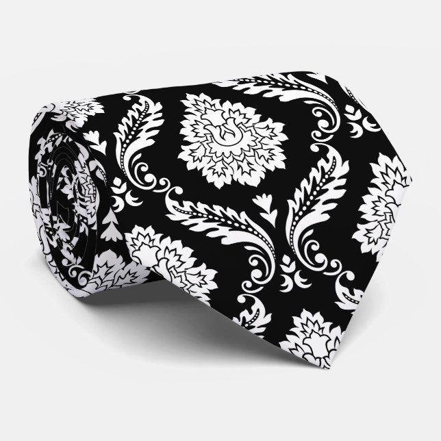 Rococo Damask Pattern White on Black Tie (Rolled)