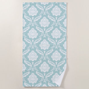 Rococo Damask Pattern White on Duck Egg Blue Beach Towel