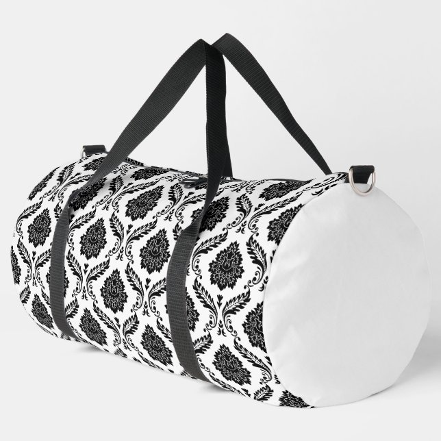 Rococo Damask Rpt Pattern Black on White Duffle Bag (Left Corner)