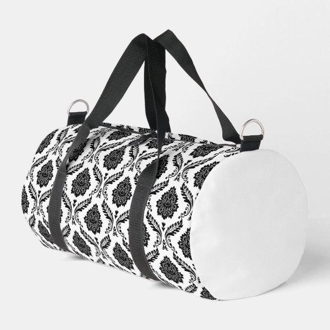 Rococo Damask Rpt Pattern Black on White Duffle Bag (Left Corner)