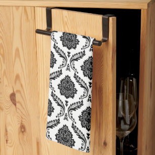 Rococo Damask Rpt Pattern Black on White Tea Towel