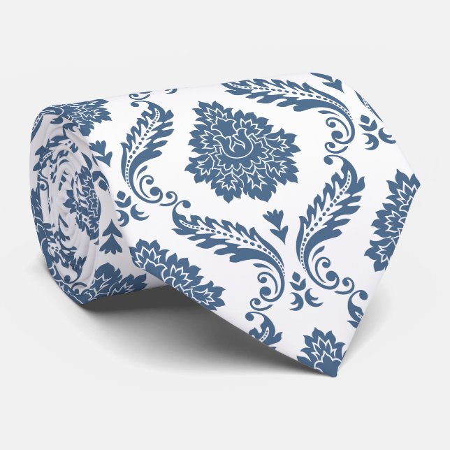 Rococo Damask Rpt Pattern Blue on White Tie (Rolled)