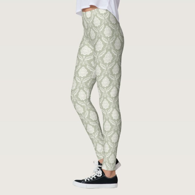 Rococo Damask Rpt Pattern Cream on Green Leggings (Left)