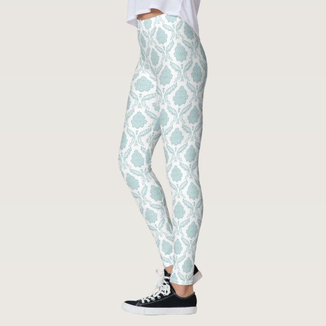 Rococo Damask Rpt Pattern Duck Egg Blue on White Leggings (Left)