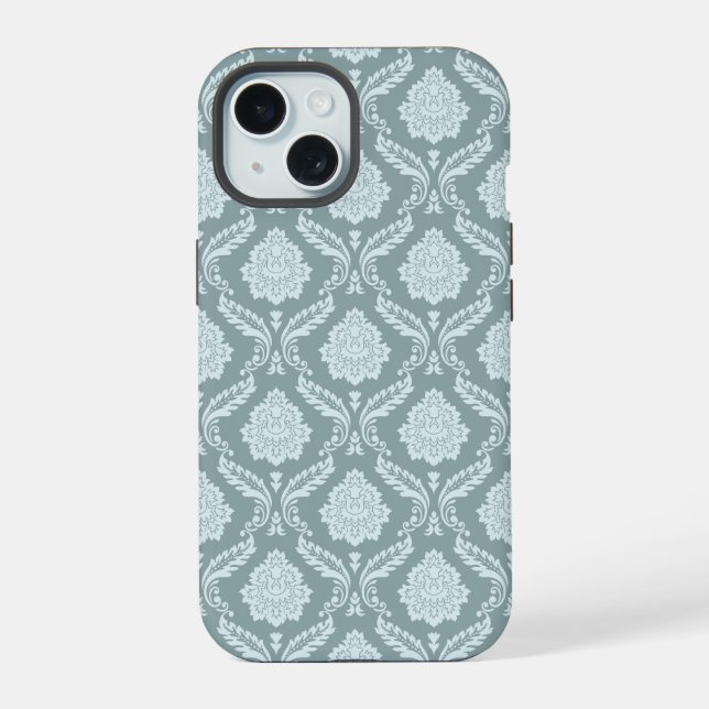 Rococo Damask Rpt Pattern Duck Egg Blue+Teal iPhone 15 Case (Back)