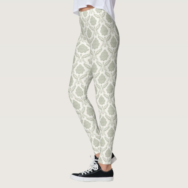 Rococo Damask Rpt Pattern Green on Cream Leggings (Left)