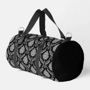 Rococo Damask Rpt Pattern Grey on Black Duffle Bag