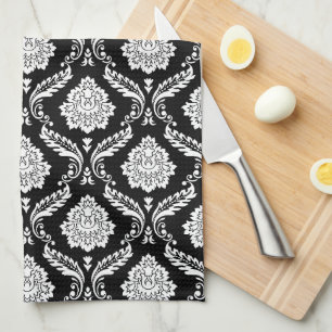Rococo Damask Rpt Pattern White on Black Tea Towel