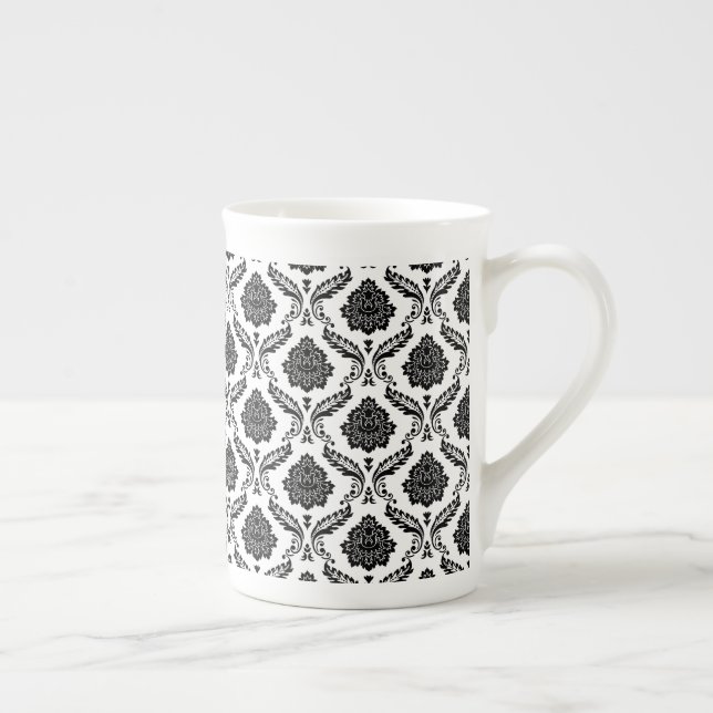 Rococo Damask Sml Pattern Black on White Bone China Mug (Right)