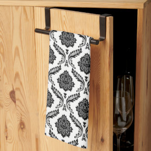 Rococo Damask Sml Pattern Black on White Tea Towel