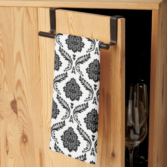 Rococo Damask Sml Pattern Black on White Tea Towel (Thirds Fold)
