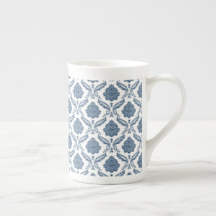 Rococo Damask Sml Pattern Blue on White Bone China Mug