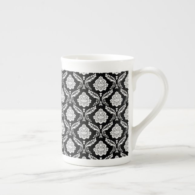 Rococo Damask Sml Pattern White on Black Bone China Mug (Right)