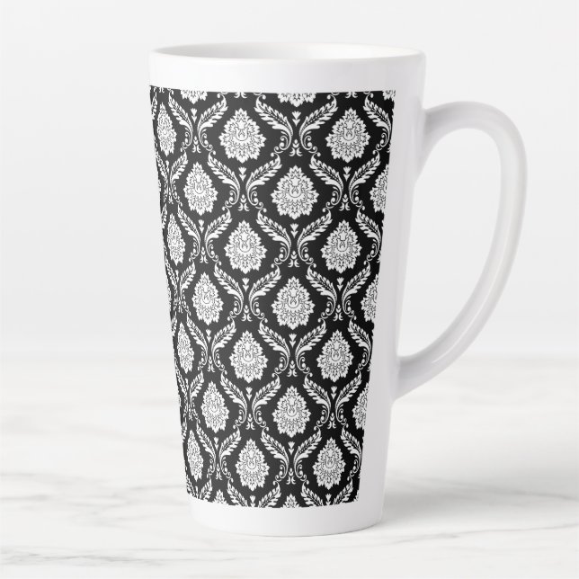 Rococo Damask Sml Pattern White on Black Latte Mug (Right)