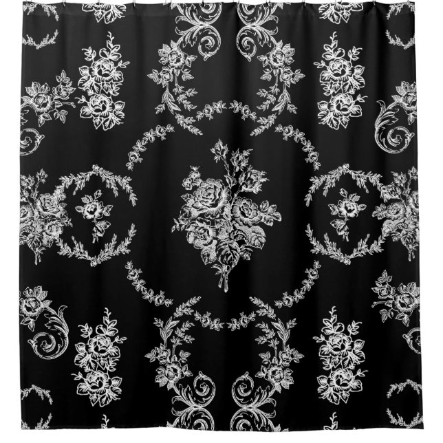 rococo floral botanical antique ornate black toile shower curtain (Front)