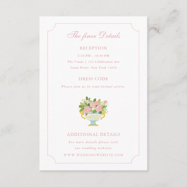 Rococo Floral Vase Wedding Details Enclosure Card (Front)