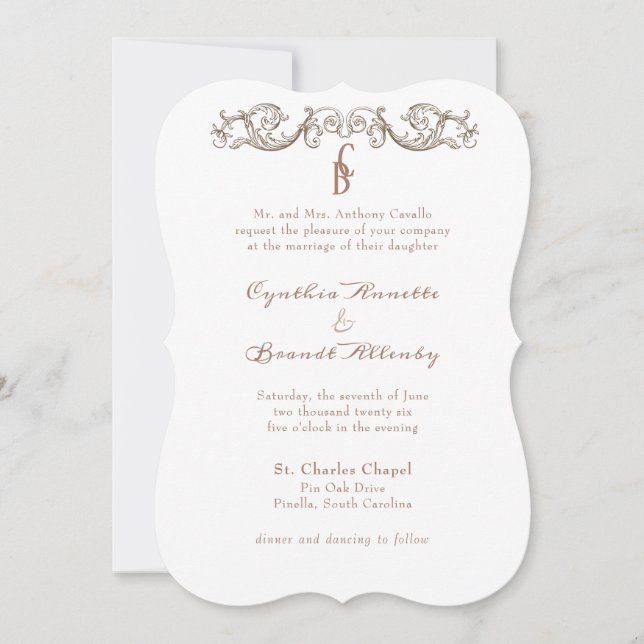 Rococo Florentine Monochrome Monogram Invitation (Front)