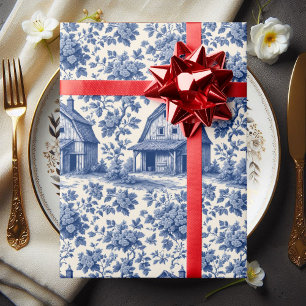 Rococo Ornate French Toile Floral Blue Rustic Barn Wrapping Paper