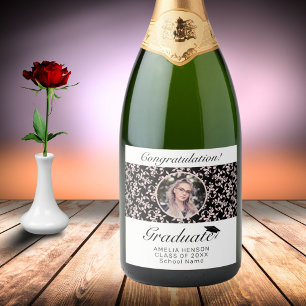 Rococo Pink Black Graduate Photo Graduation     Sparkling Wine Label