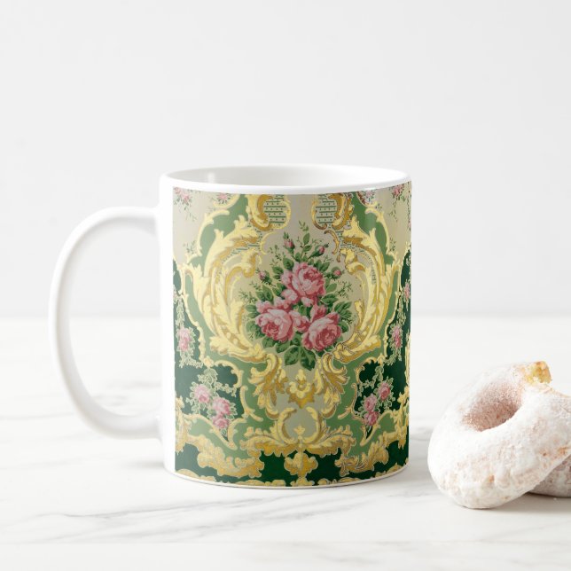 Rococo Pink Roses Floral Medallion Gold Frame Coffee Mug (With Donut)
