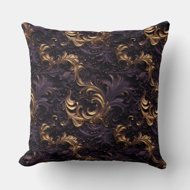 Rococo Realms: Golden Dark Purple Floral Beads Cushion (Front)
