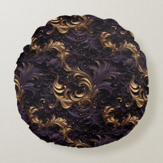 Rococo Realms: Golden Dark Purple Floral Beads Round Cushion