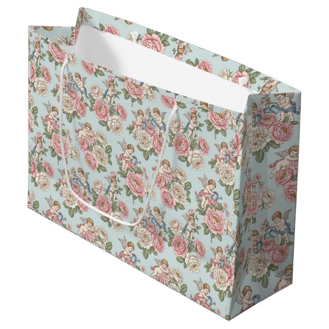 Rococo Revival Cherub Floral Toile Wrapping Paper Large Gift Bag (Front Angled)