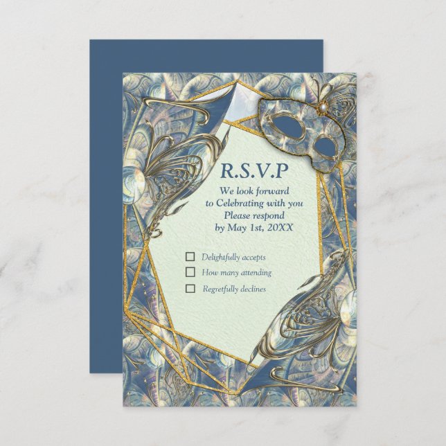 Rococo Rich with Gold Relief & Masks RSVP Card (Front/Back)
