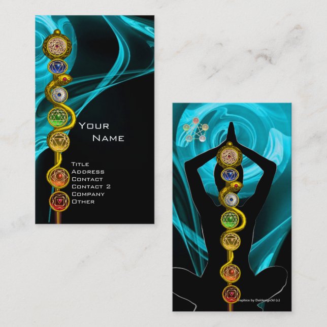 ROD OF ASCLEPIUS,7 CHAKRAS YOGA LOTUS POSE Blue Business Card (Front/Back)