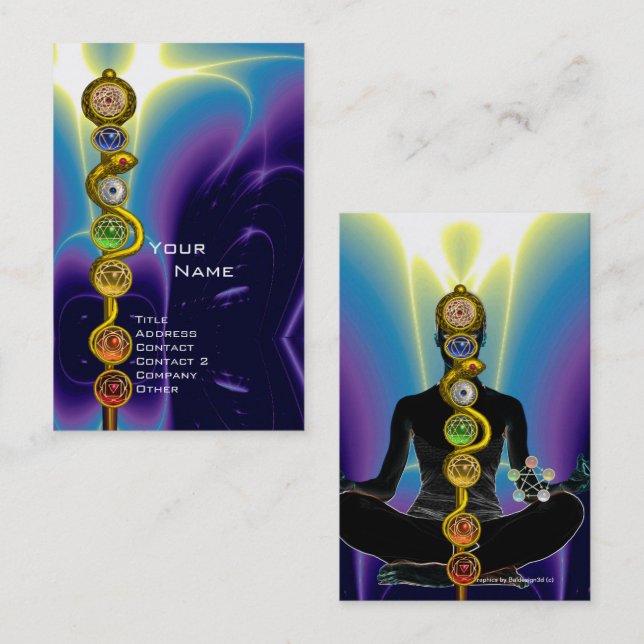 ROD OF ASCLEPIUS,7 CHAKRAS YOGA LOTUS POSE Blue Business Card (Front/Back)