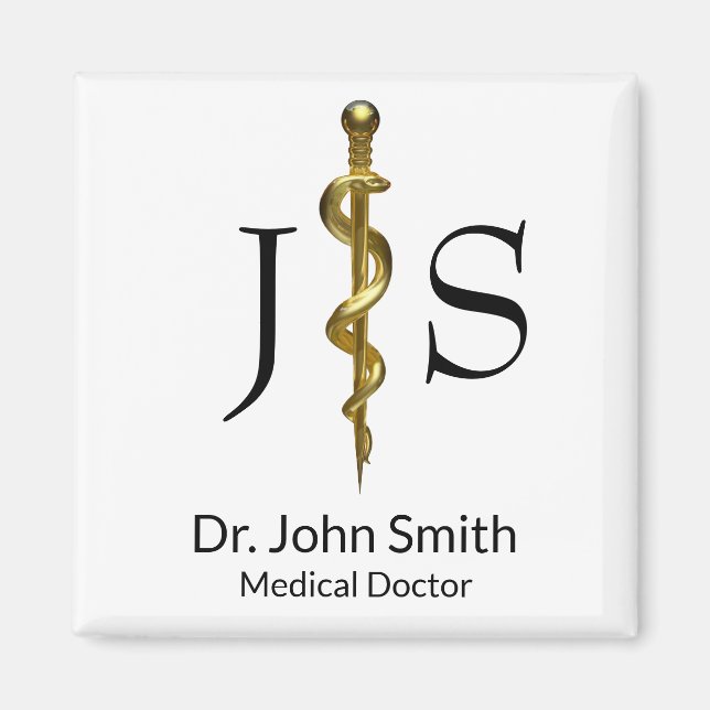 Rod of Asclepius Classy Medical Gold on White Magnet (Front)