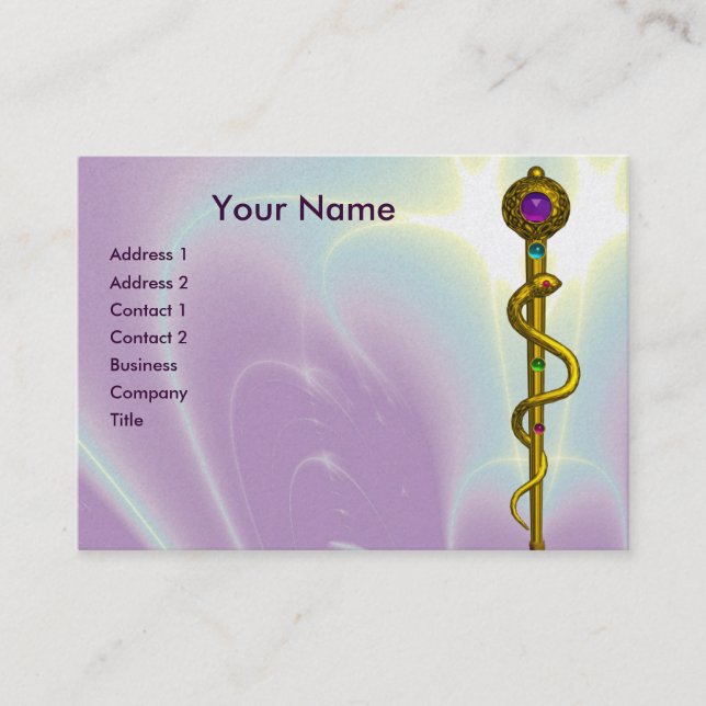 ROD OF ASCLEPIUS Gold Medical Healing Symbol Blue Business Card (Front)