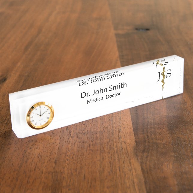 Rod of Asclepius Medical Gold on White Classy Nameplate (Side)