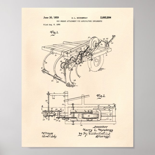 Rod Weeder Attachment 1959 Patent Art Old Peper Poster (Front)