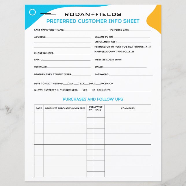 Rodan and Fields Preferred Customer Sheet (Front)