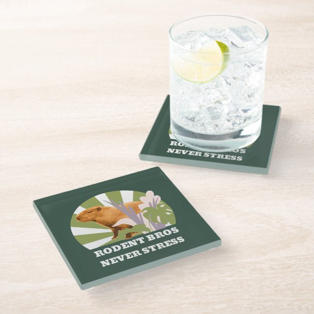 Rodent Bros Never Stress Funny Capybara Glass Coaster (Angled)
