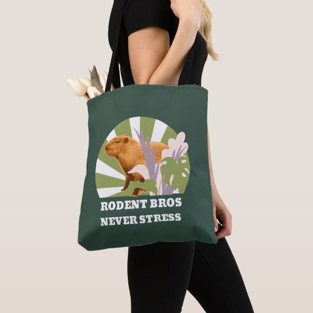 Rodent Bros Never Stress Funny Capybara Tote Bag (Close Up)