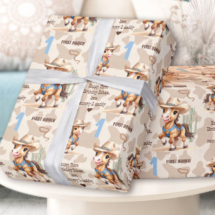 Rodeo Beige Cowboy Horse Western Name 1st Birthday Wrapping Paper