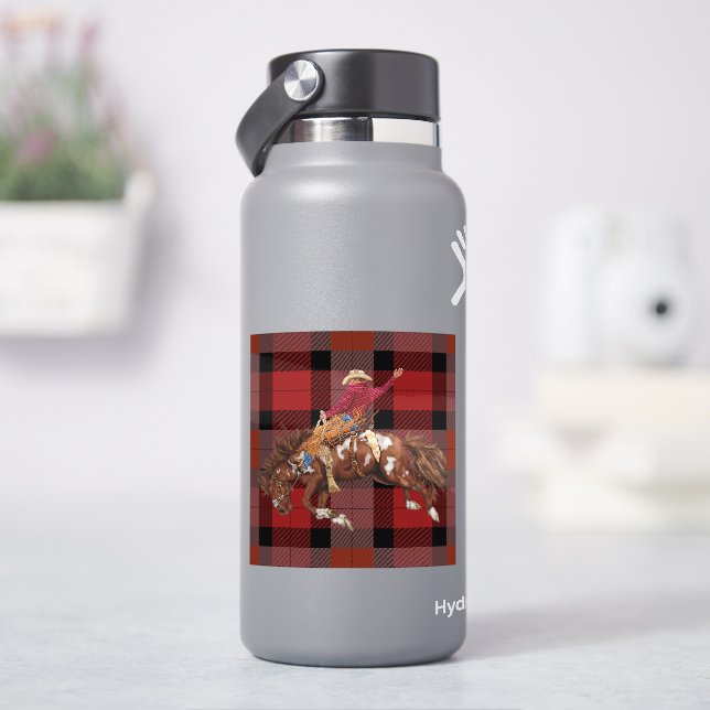 Rodeo Bronco Busting Cowboy On Plaid (HydroFlask)
